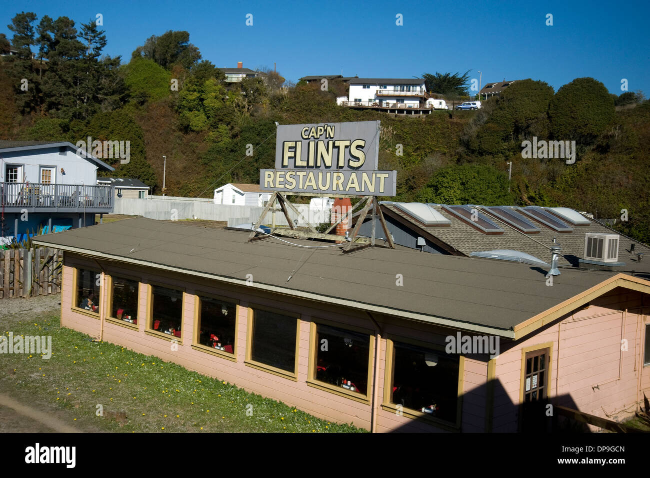 Restaurant at Boat harbor at Fort Bragg Stock Photo Alamy
