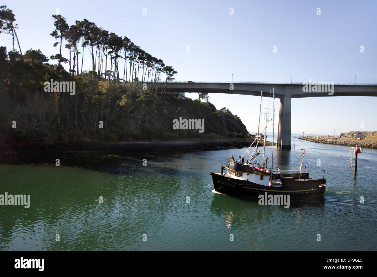 Boat entering the harbor at Fort Bragg, CA Stock Photo Alamy