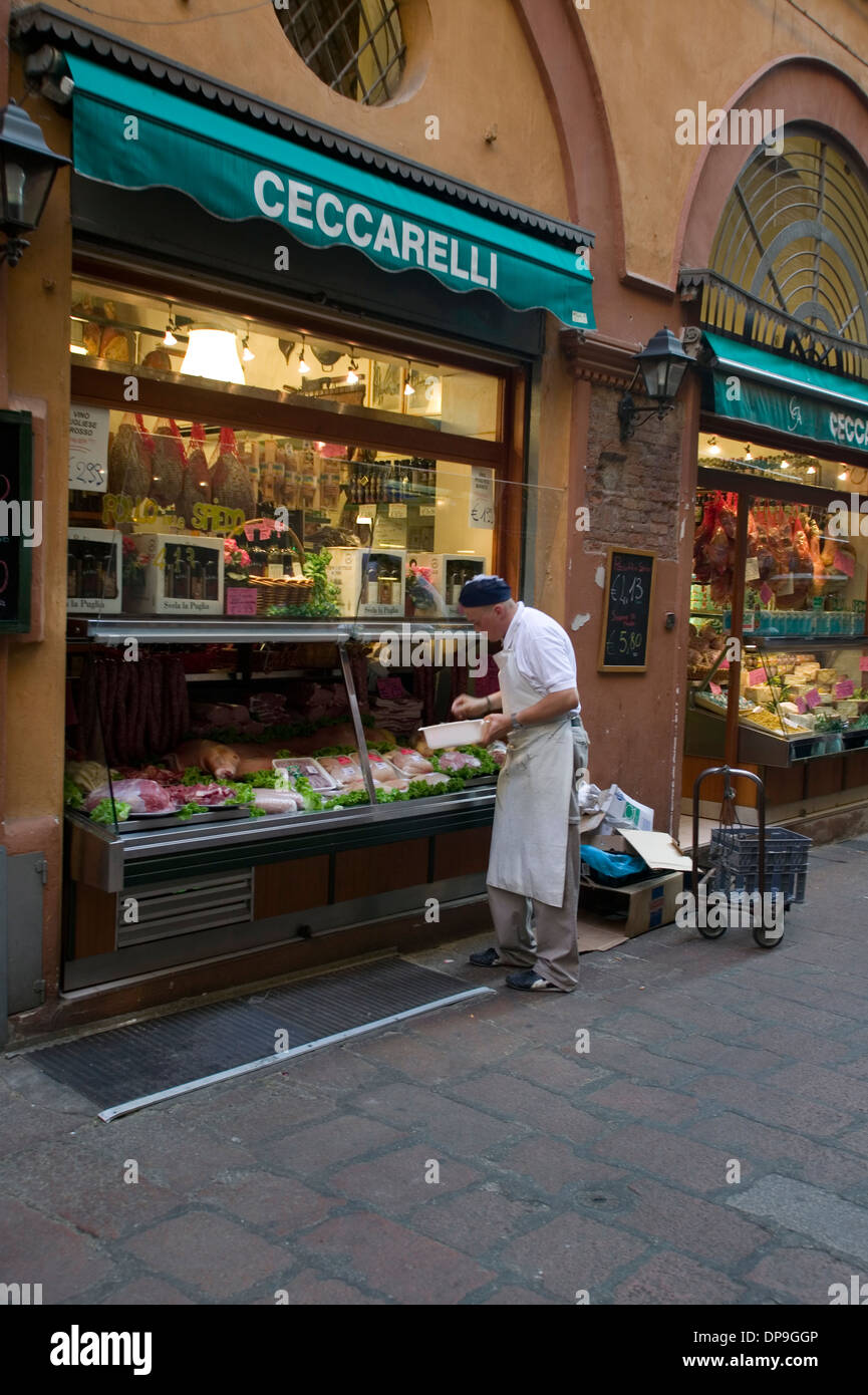 Butcher shop display in the Orefici Market in central Bologna, known as the gourmet capital of Italy. Stock Photo