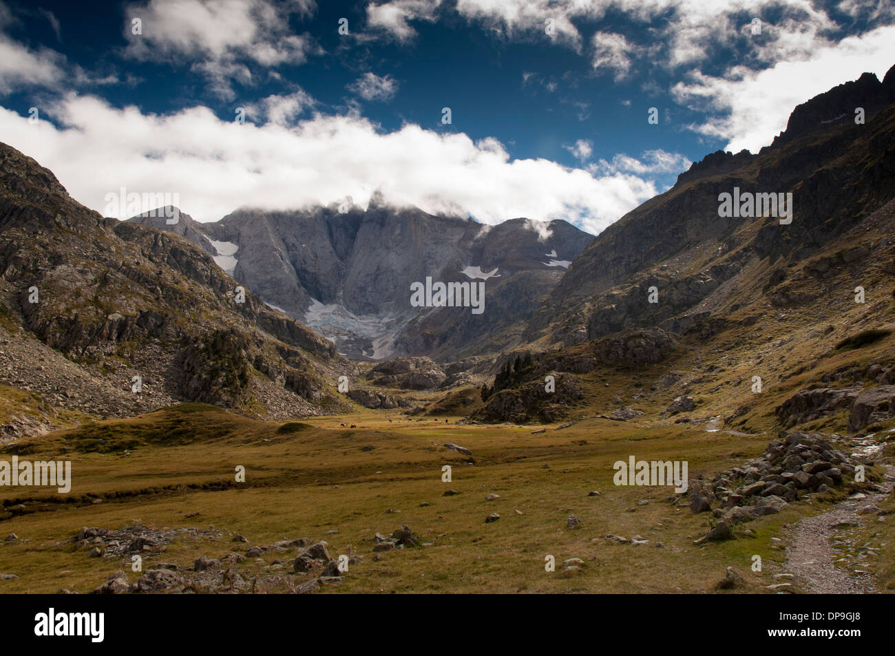 View of the Vignemale mountains and Glacier des Oulettes from the Vallee de Gaube in the French
