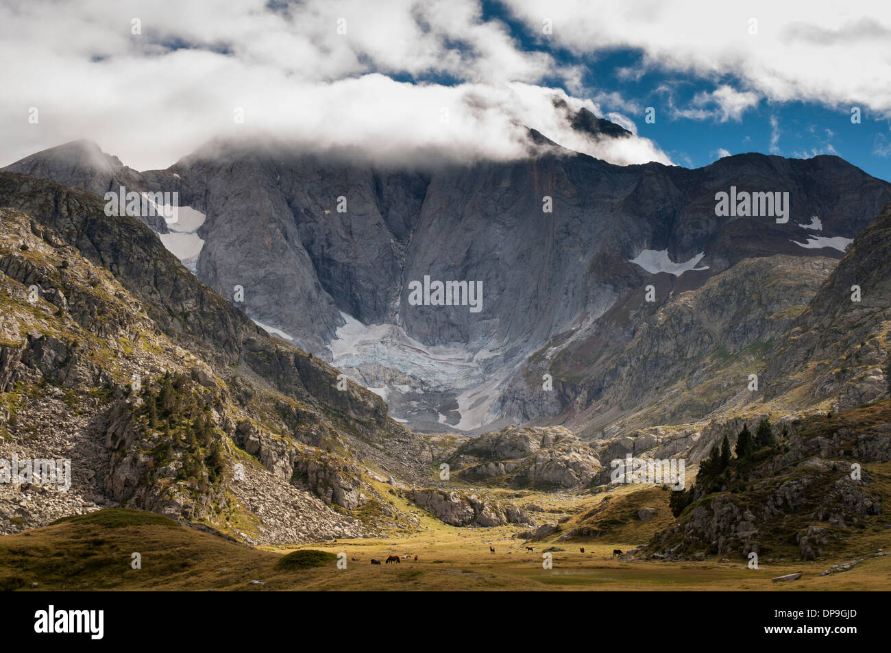 View of the Vignemale mountains and Glacier des Oulettes from the Vallee de Gaube in the French Pyrenees Stock Photo
