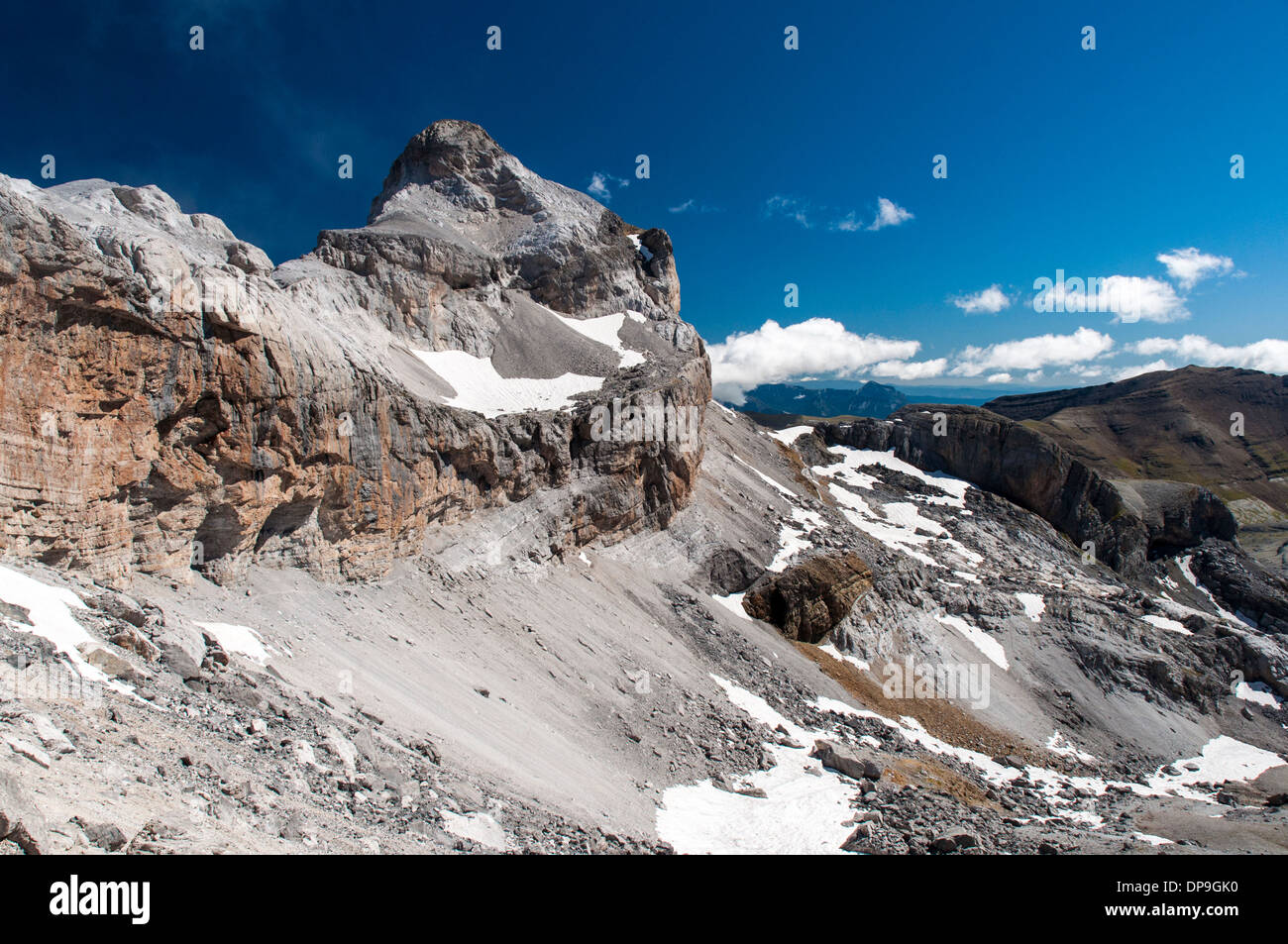 View from the Breche de Roland (2805m) towards Le Casque and La Tour in the French / Spanish Pyrenees Stock Photo