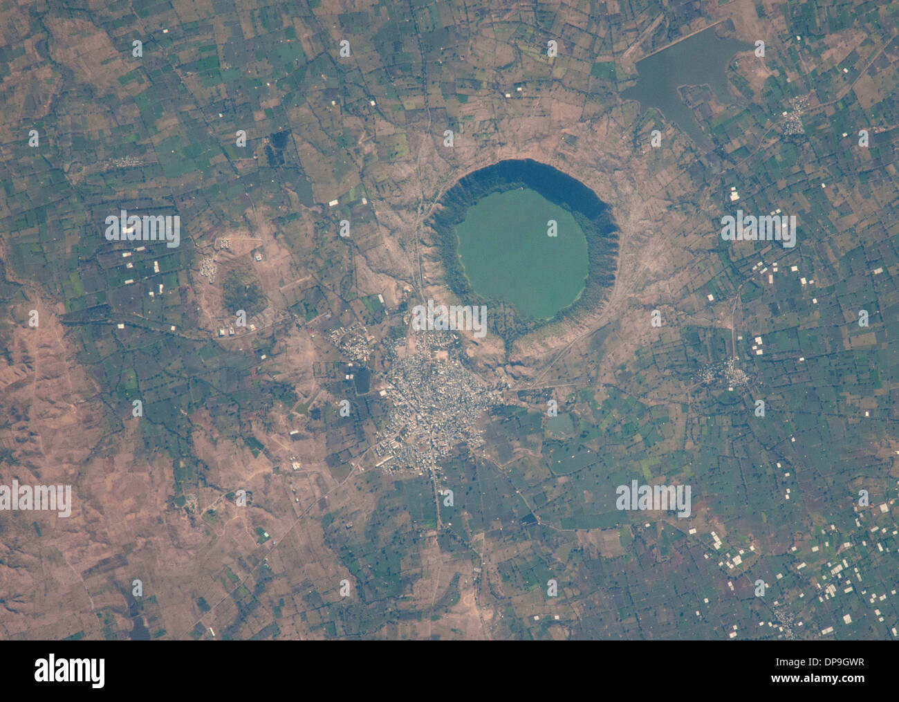 Lonar Lake, an impact crater, saline soda lake located at Lonar in Buldana district, Maharashtra, India Stock Photo