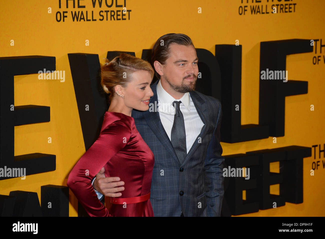 London, UK. 9th January 2014. Leonardo DiCaprio and Margot Robbie arrives at the UK Premiere - the Wolf of Wall Street at Leicester Square in London, 9th January 2014, Photo by See Li/Alamy Live News Stock Photo