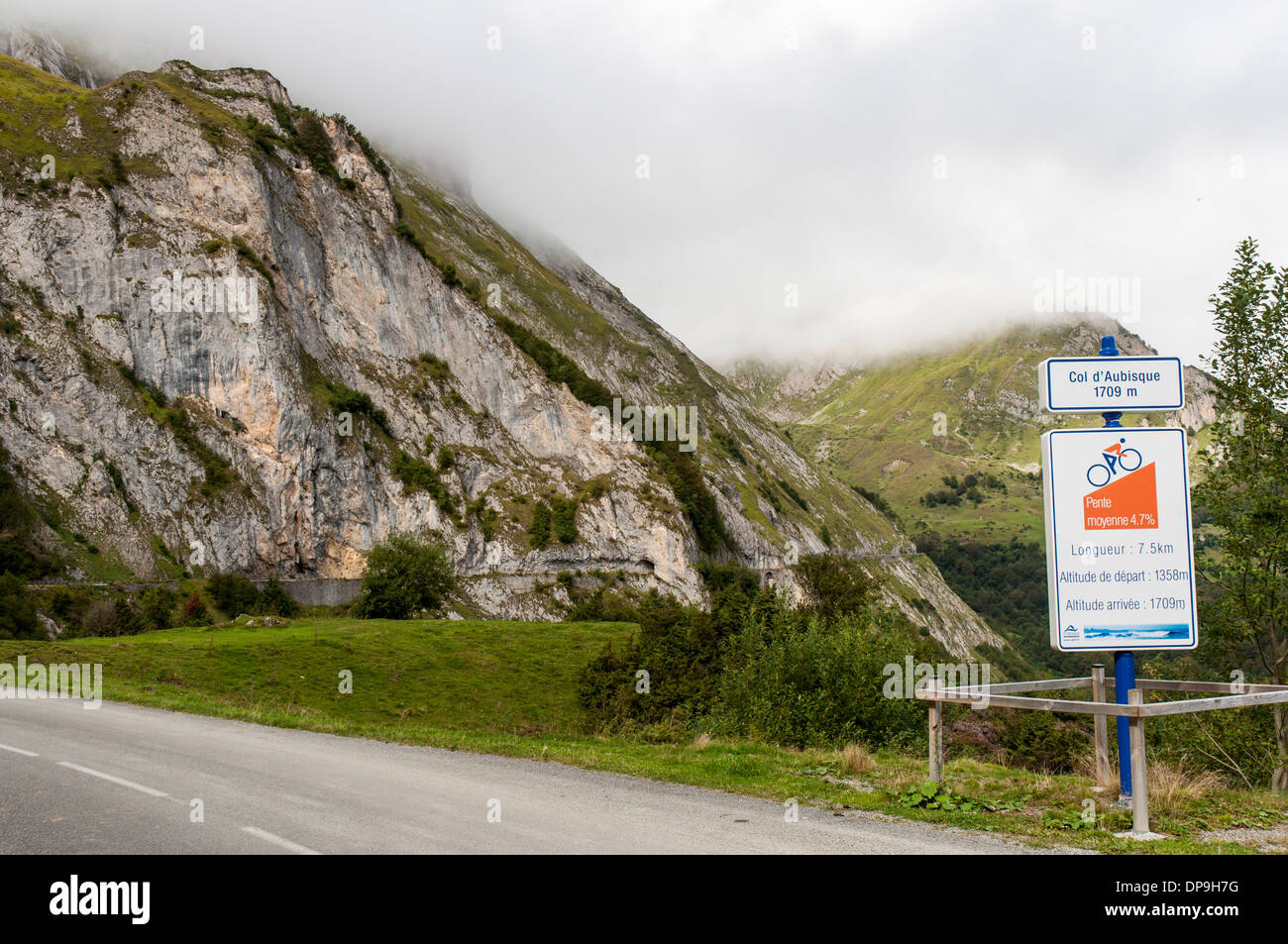 Sign for cyclists on the Tour de France climb to the Col d'Aubisque in the French Pyrenees Stock Photo