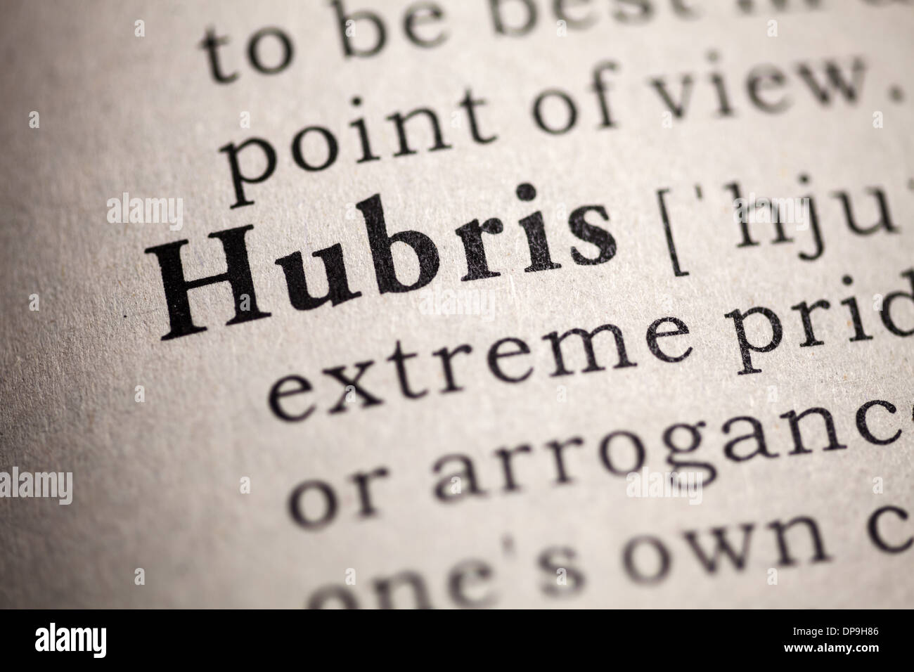 Fake Dictionary, Dictionary definition of the word hubris Stock Photo