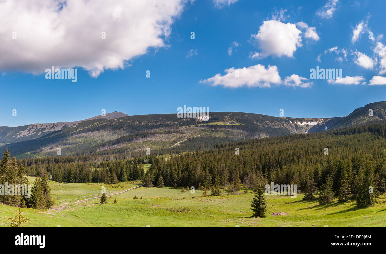 Panoramic view of Karkonosze mountains with the highest peak Sniezka, Poland Stock Photo