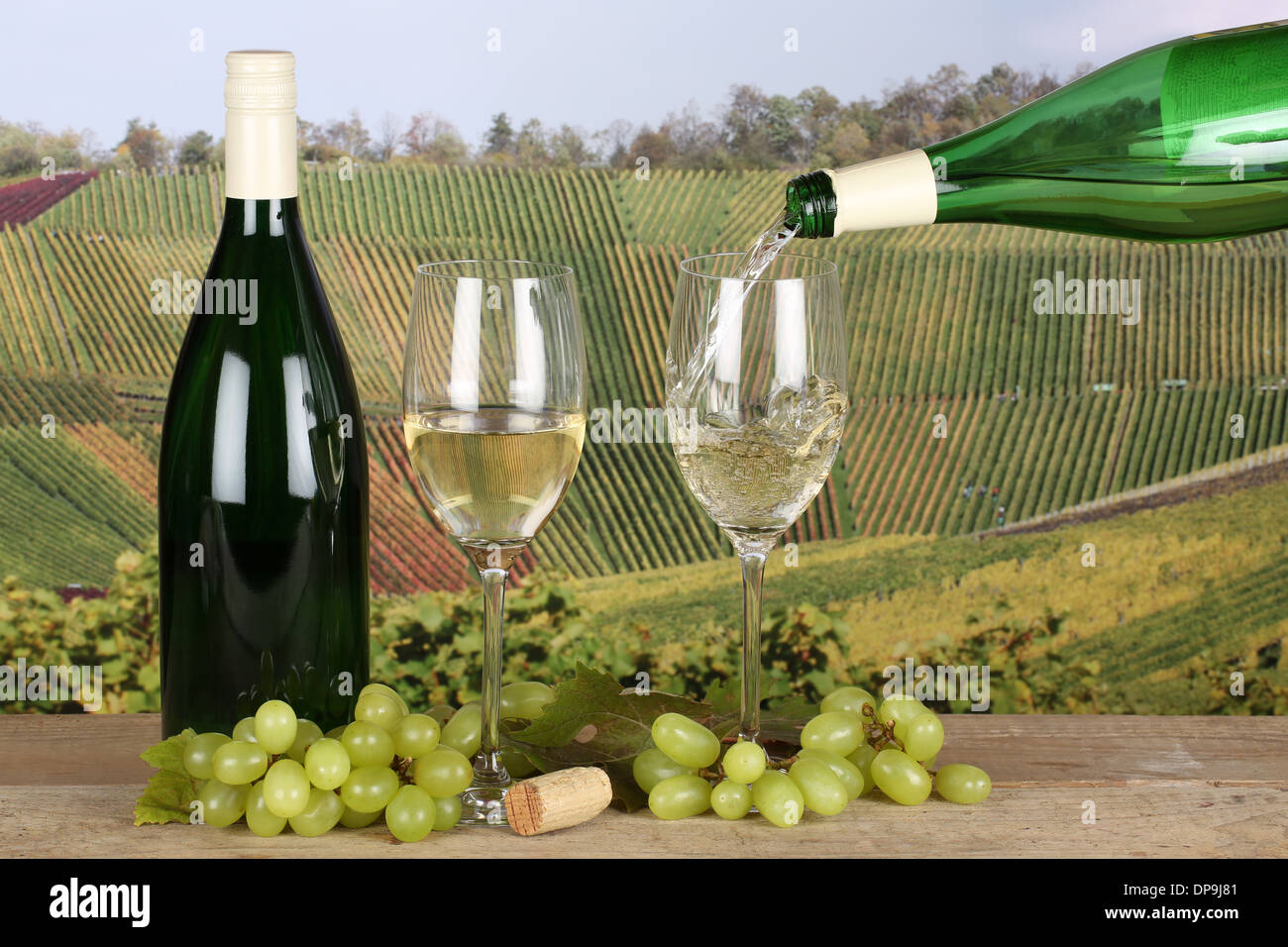 White wine pouring from a bottle into a wine glass in the vineyards Stock Photo