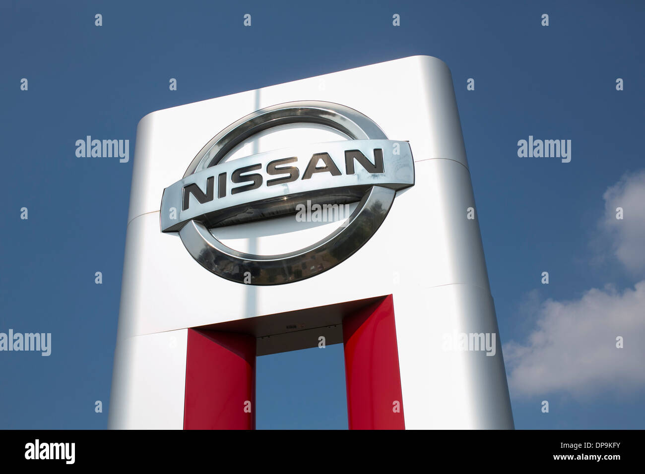 A Nissan dealer lot in suburban Maryland.  Stock Photo