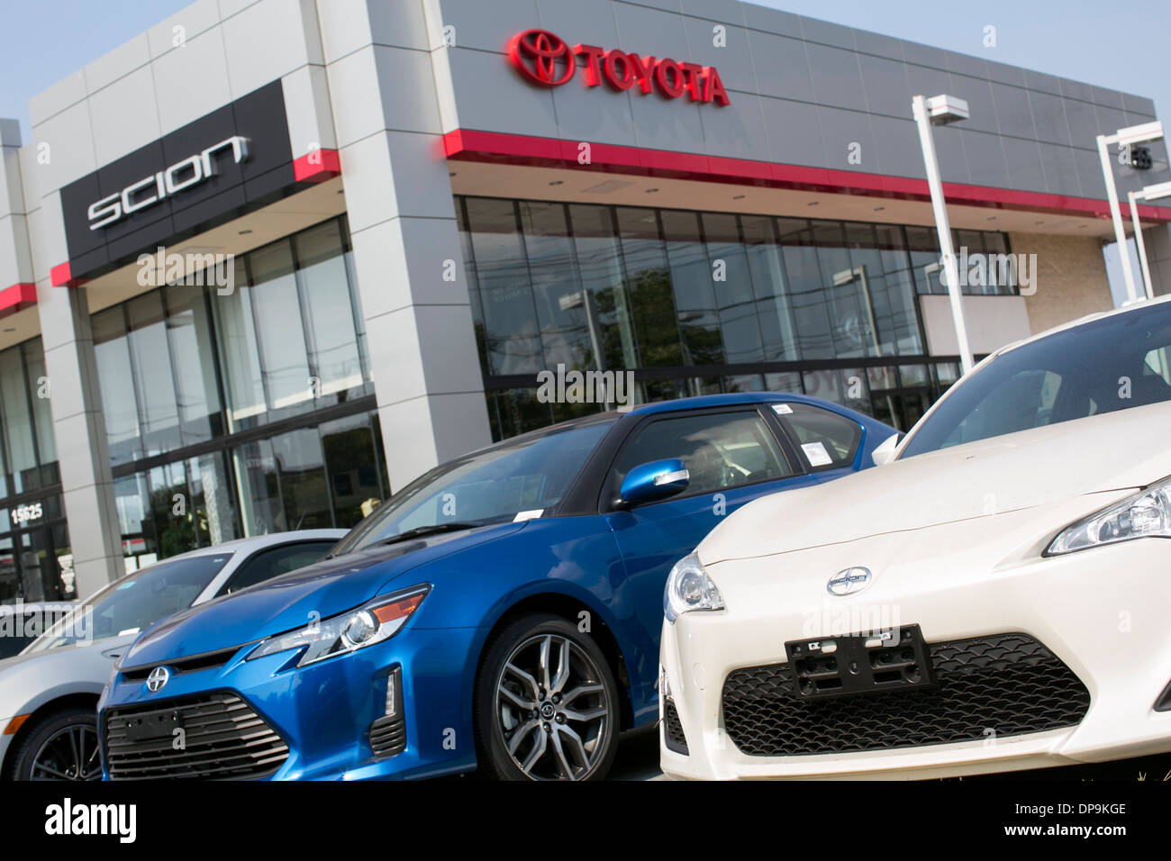 A Toyota and Scion dealer lot in suburban Maryland.  Stock Photo
