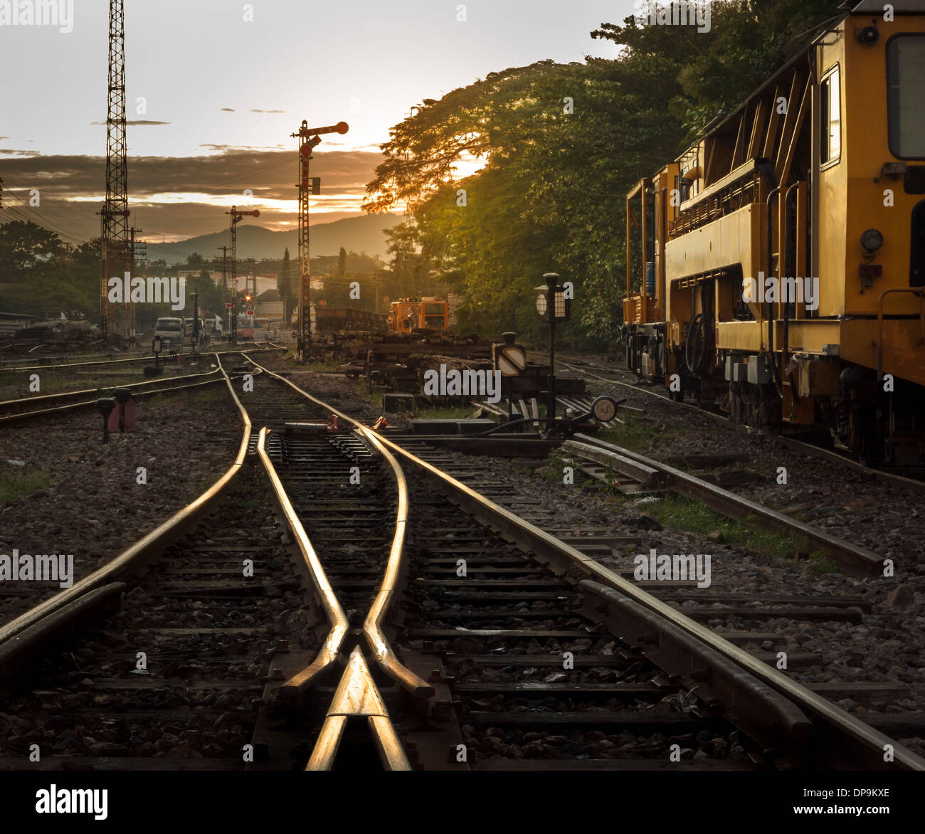 Cargo train platform at sunrise Stock Photo