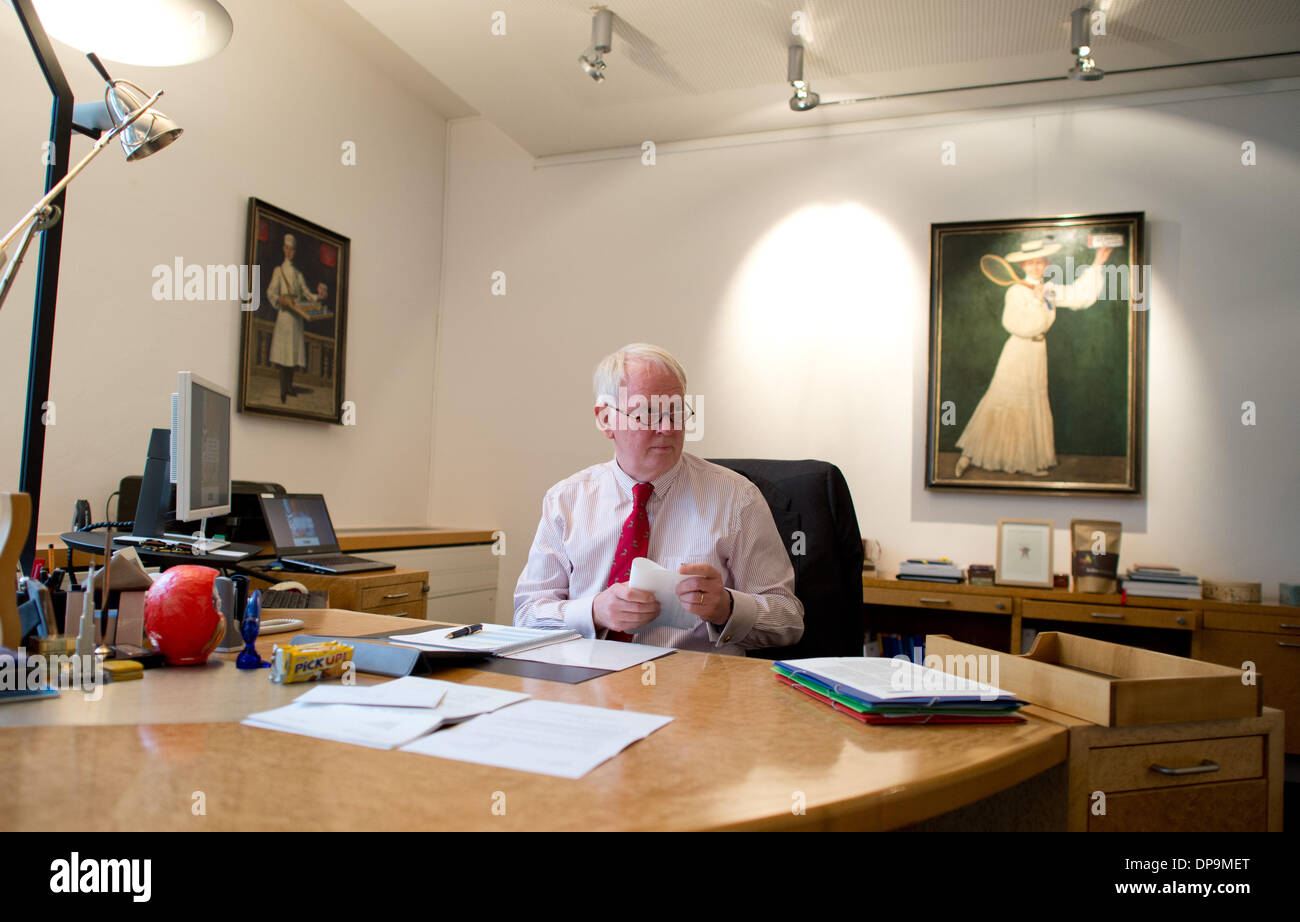 Hanover, Germany. 09th Jan, 2014. Werner M. Bahlsen sits during an interview at Bahlsen headquarters in Hanover, Germany, 09 January 2014. Bahlsen is planning a make-over due to price pressures from discount brands, changing diat patterns and dwindling markets. Photo: JOCHEN LUEBKE/dpa/Alamy Live News Stock Photo