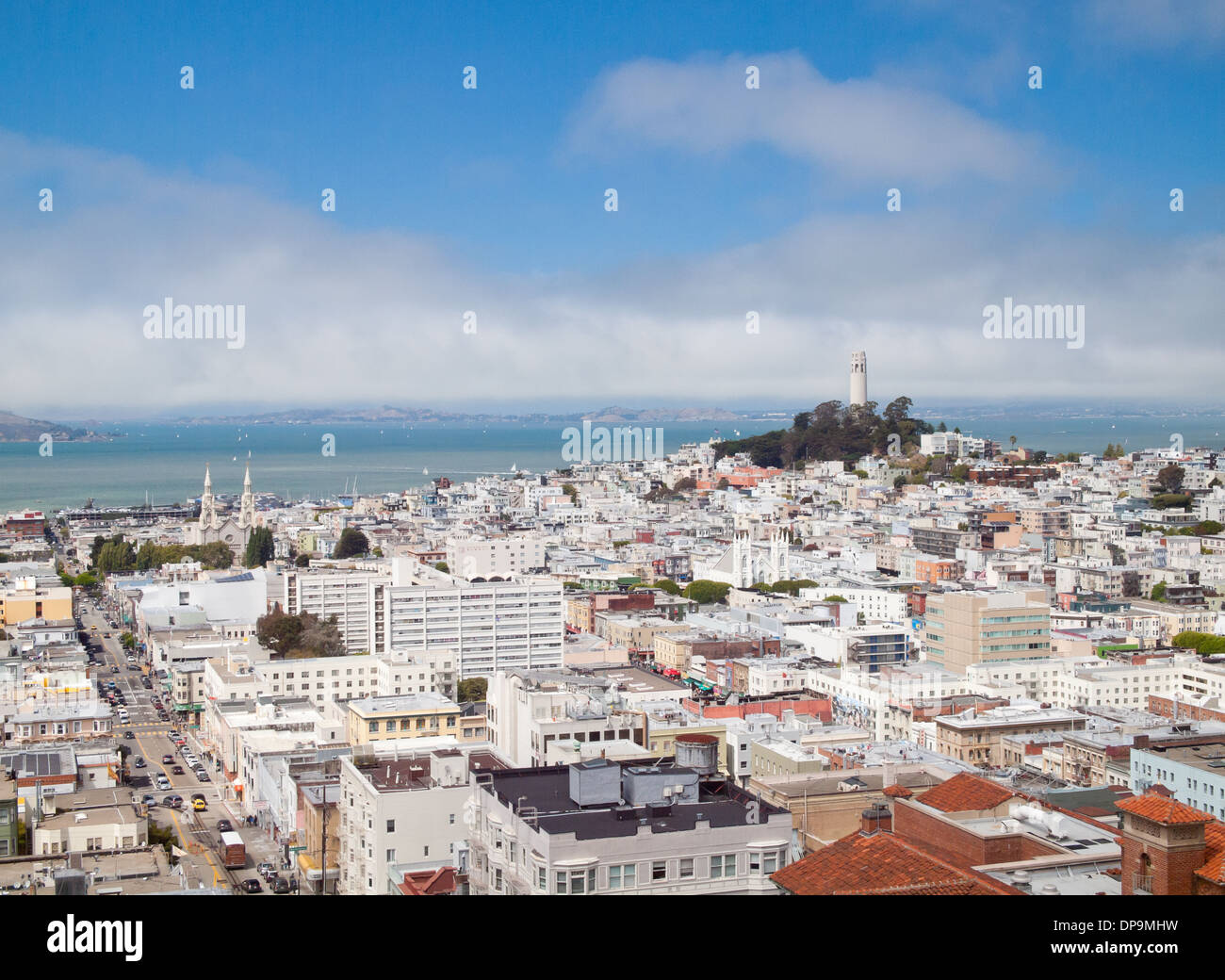 An aerial view of Coit Tower and the North Beach neighborhood of San Francisco, California. Stock Photo