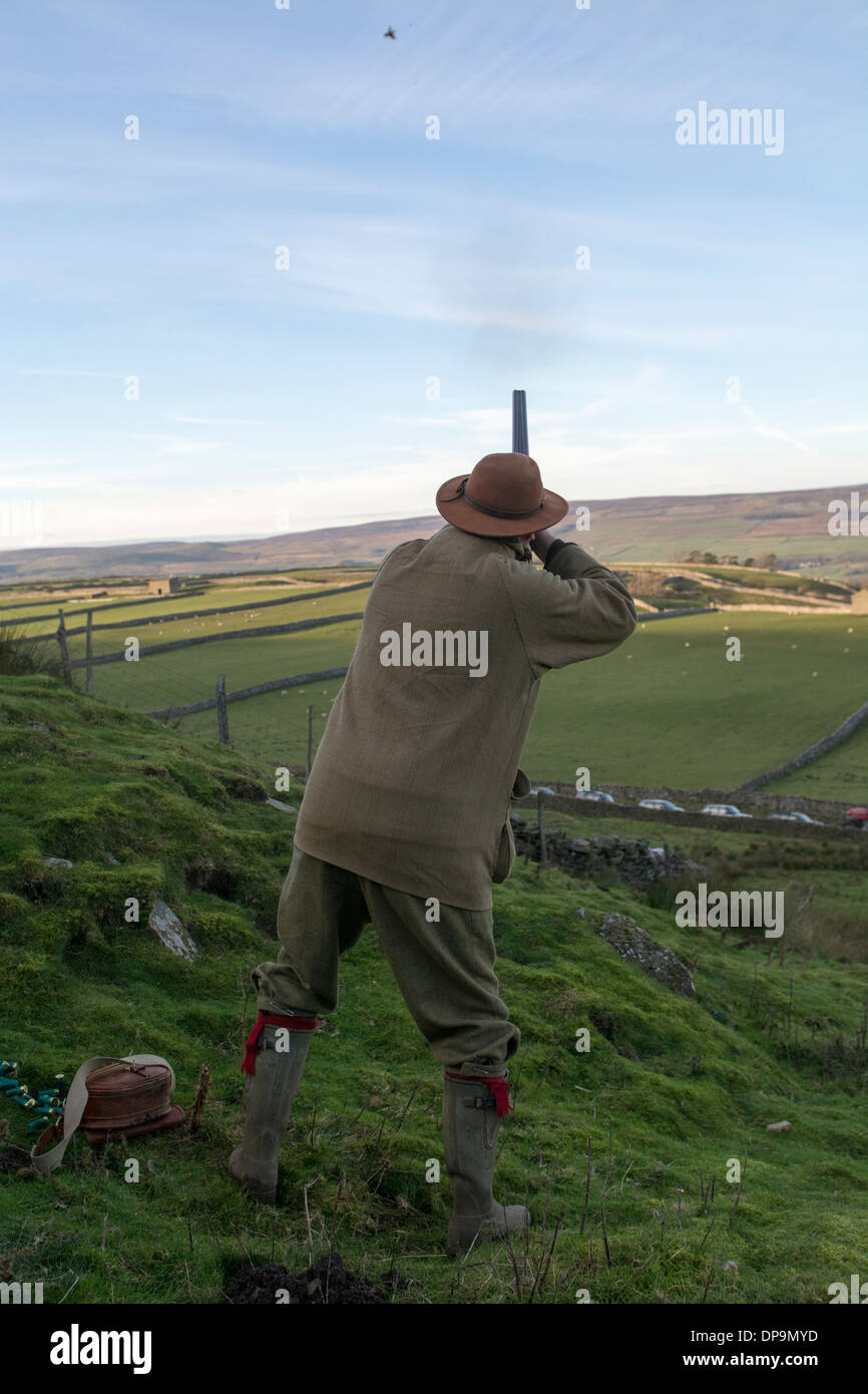 Shooters, using 12 bore shotgun, on a shoot in the Yorkshire Dales, UK. Stock Photo