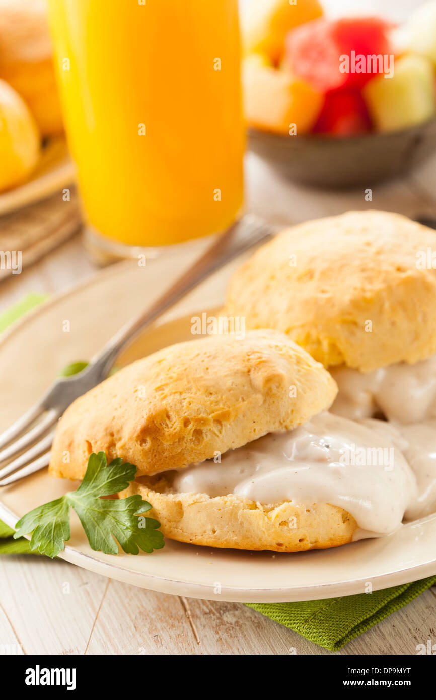 Homemade Buttermilk Biscuits and Gravy for Breakfast Stock Photo Alamy