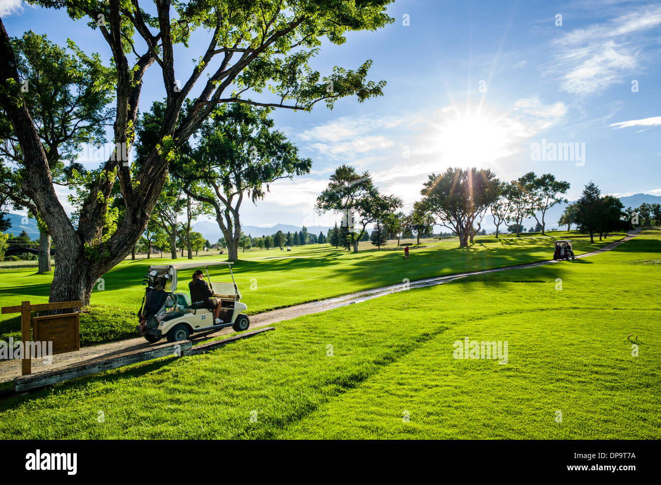 Backlit view of late afternoon light on lush nine hole Salida, Colorado, Golf Course Stock Photo