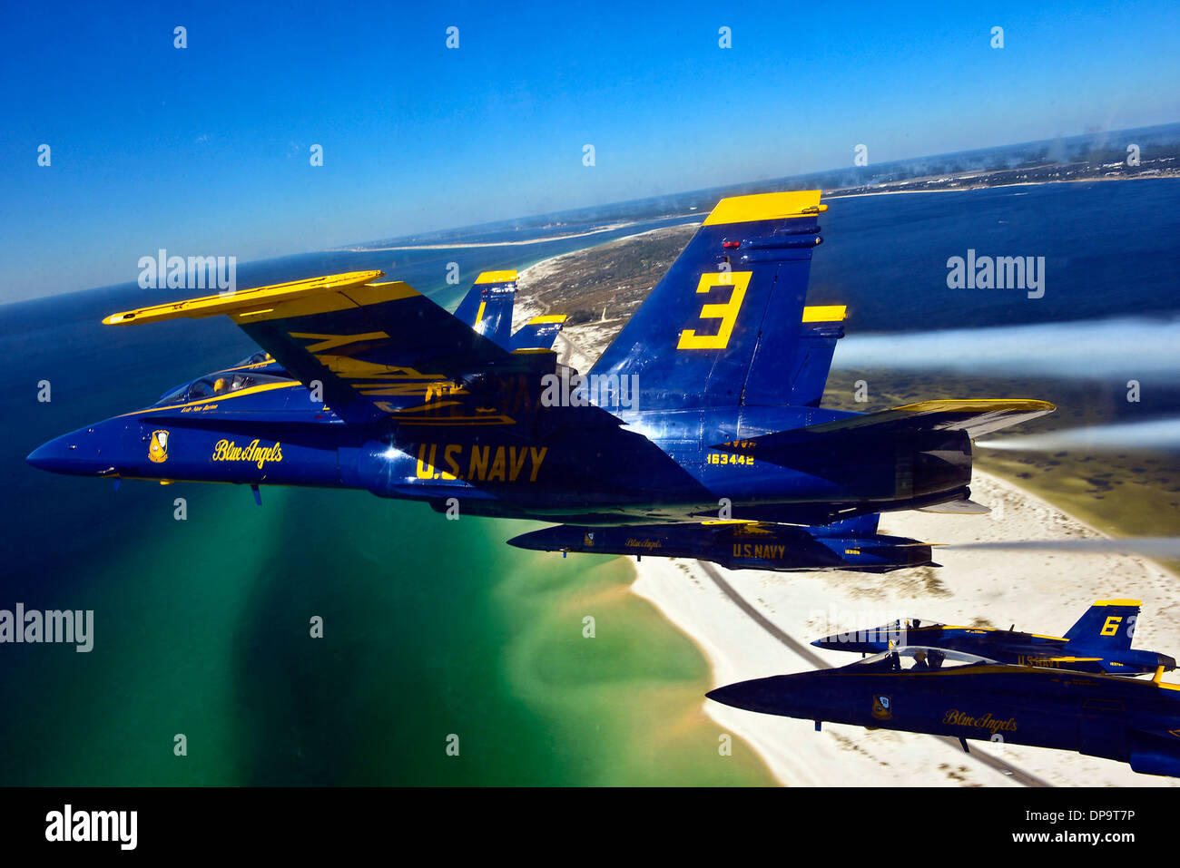 Pilots of the U.S. Navy Blue Angels fly in a delta formation during a training flight Stock Photo