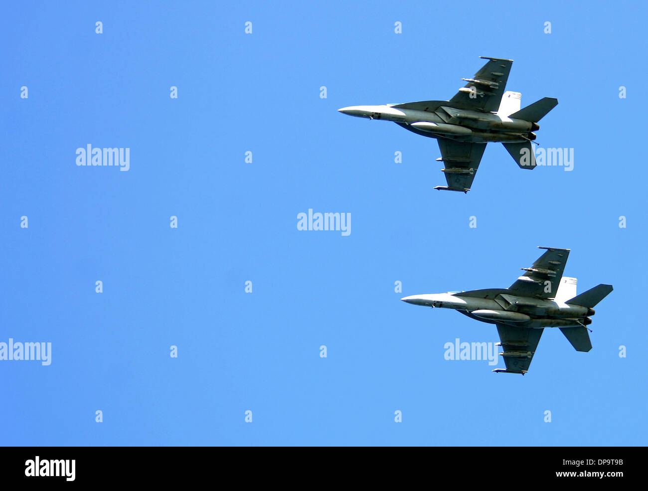 Two F/A-18F Super Hornet jet fighter aircraft in flight Stock Photo