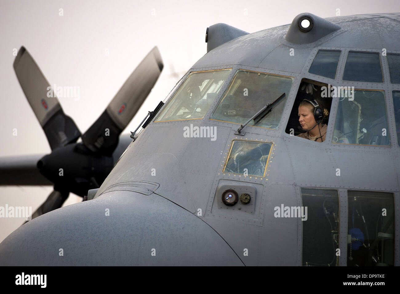Preflight check on a C-130H Hercules transport plane Stock Photo