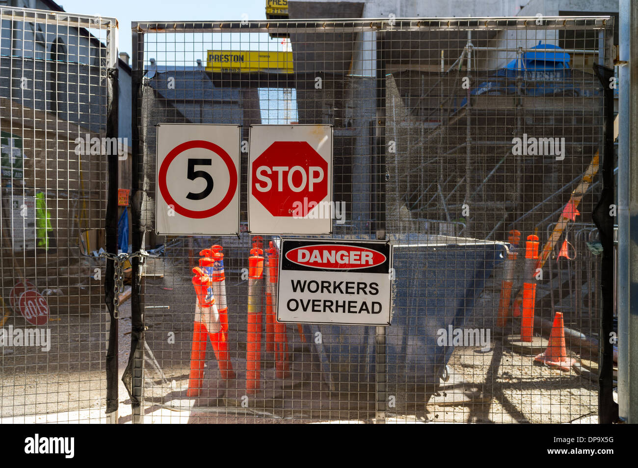 Safety signs on a construction site Stock Photo