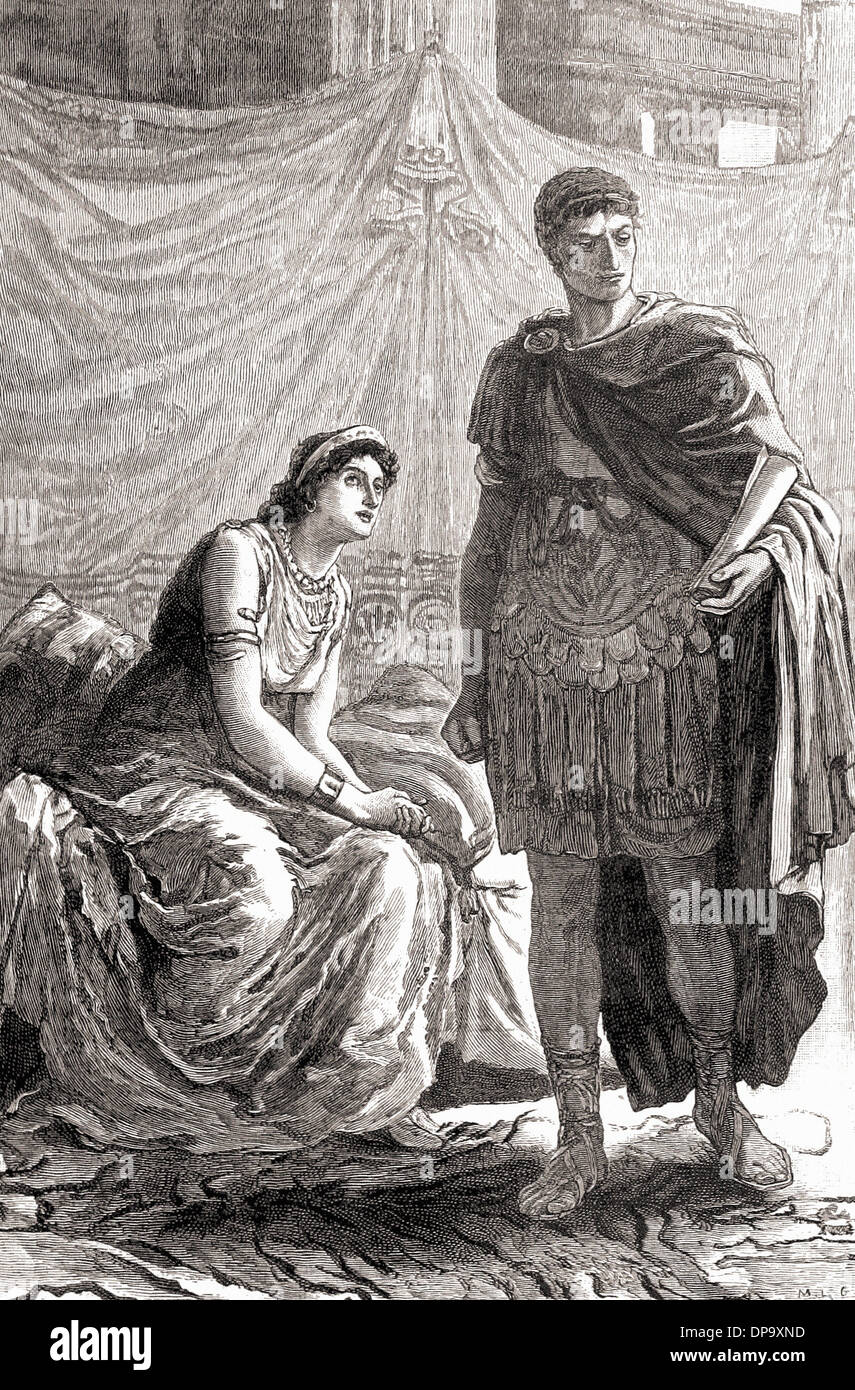 Interview between Octavian and Cleopatra - British engraving XIX th Century Stock Photo