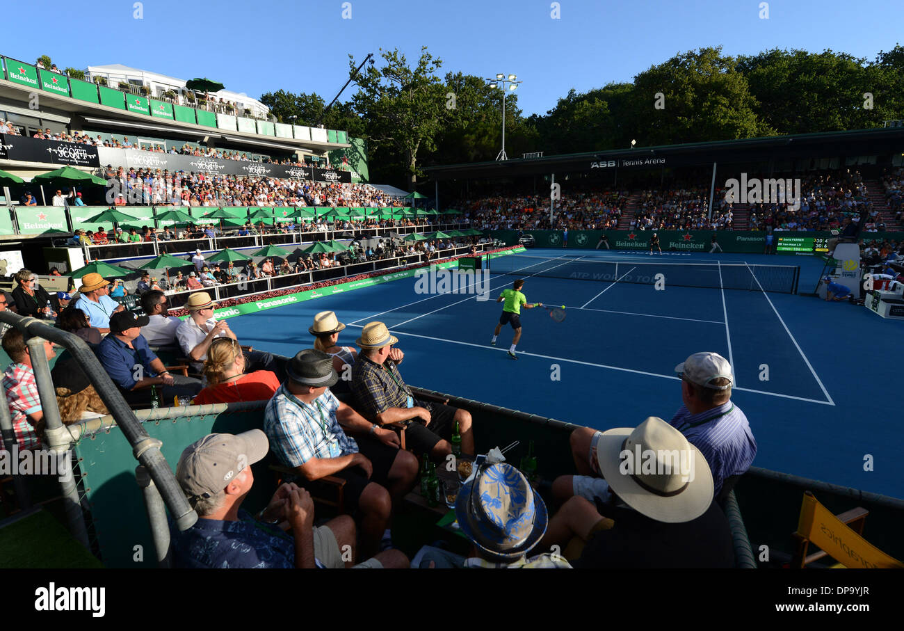 Auckland, New Zealand. 10th Jan, 2014. David Ferrer on centre court as  tennis fans look on from a corporate box on Semi Finals day at the 2014  Heineken Open. ASB Tennis Centre.