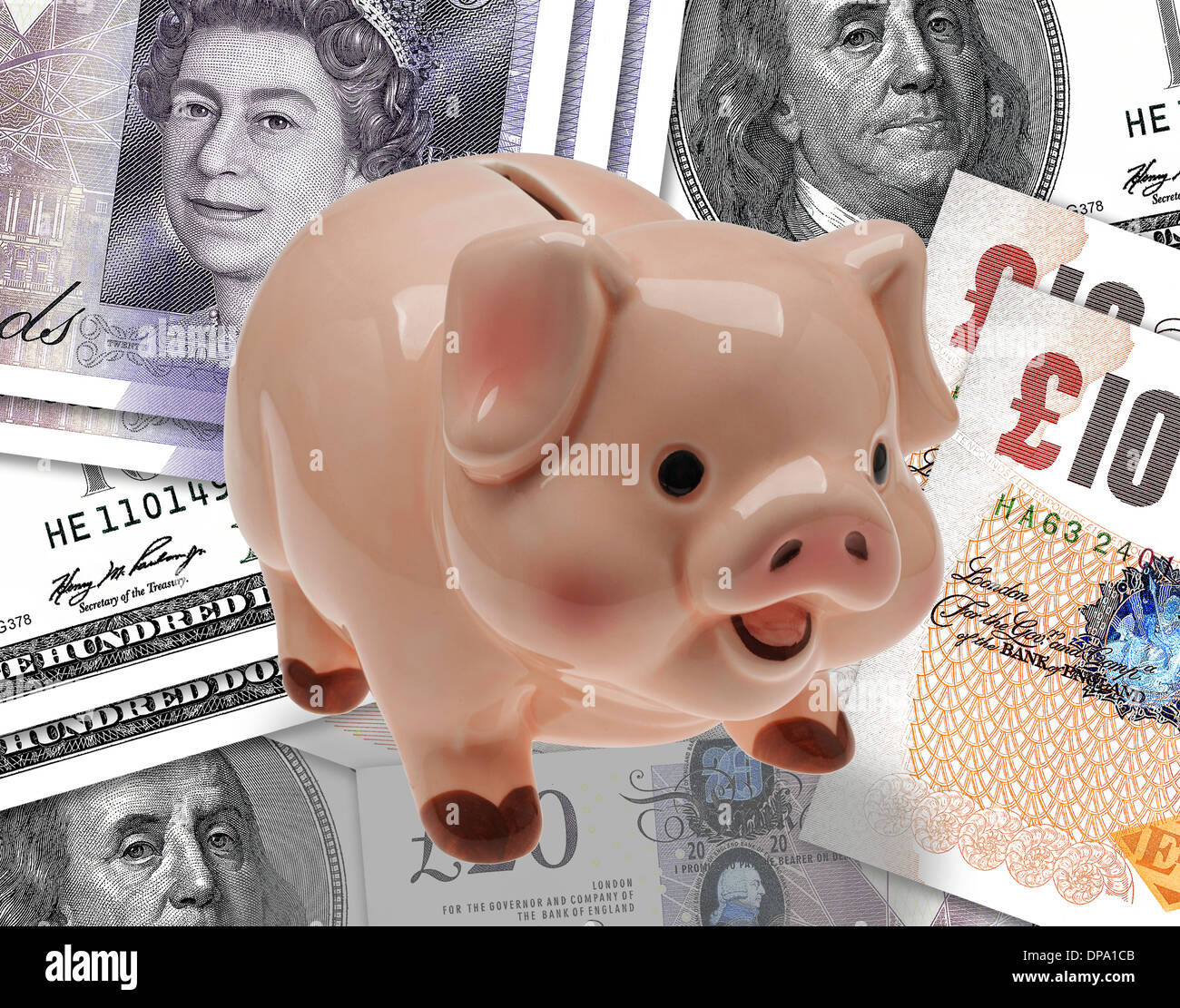 China/ceramic child’s savings or piggy bank on background of pound and dollar currency. Stock Photo