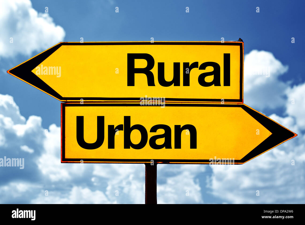 Rural or urban opposite signs. Two opposite road signs against blue sky