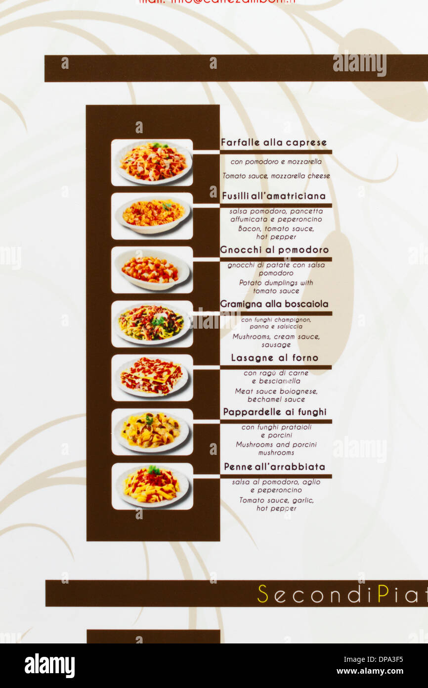 Italian restaurant menu, Italy Stock Photo