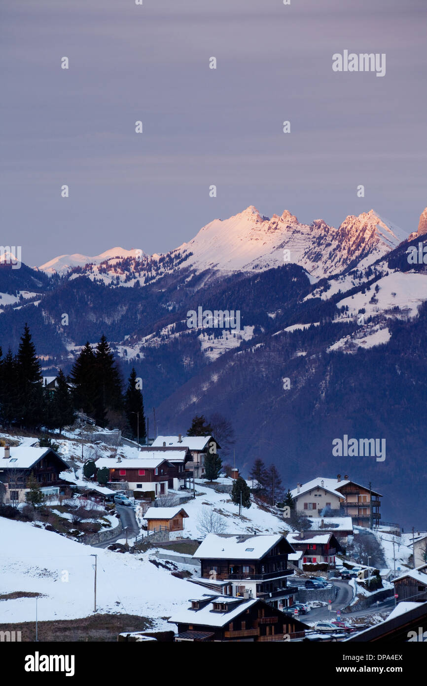The swiss skiing village of Torgon at sunset, the Swiss alps, Valais, Switzerland, Europe Stock Photo