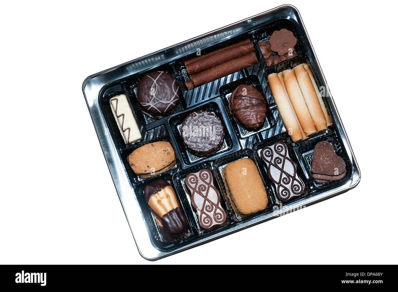 Open Tin Of Assorted Chocolate Biscuits Stock Photo Alamy