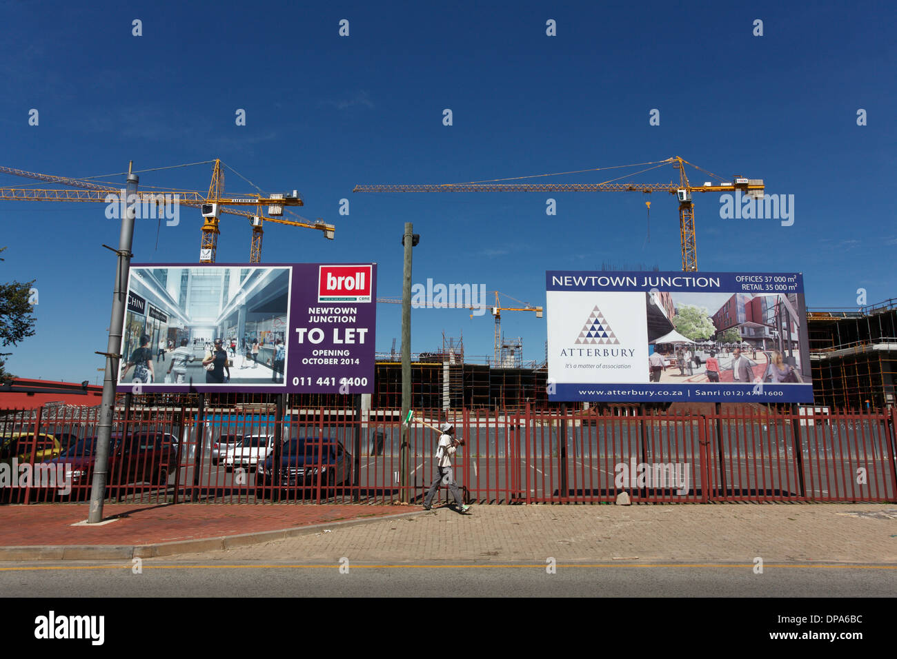 Construction cranes and development in the Newtown area of downtown Johannesburg, South Africa. Stock Photo