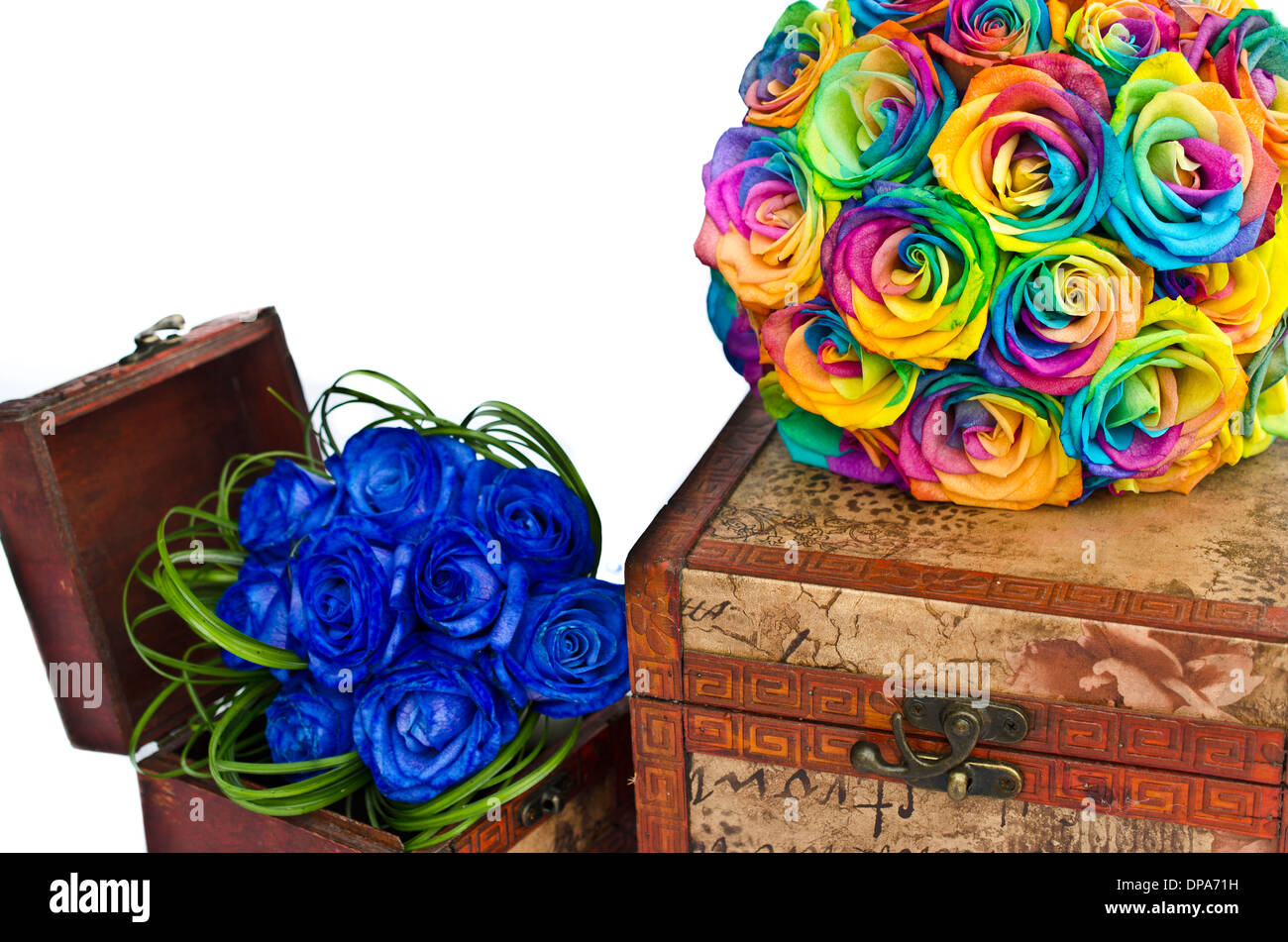 Bridal bouquets on wooden boxes Stock Photo Alamy