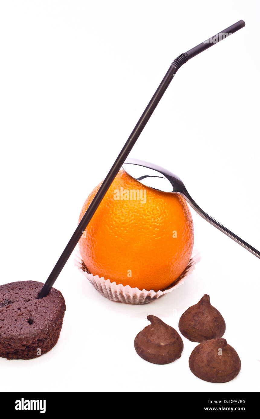 Juice, cake and chocolate concept on white background Stock Photo