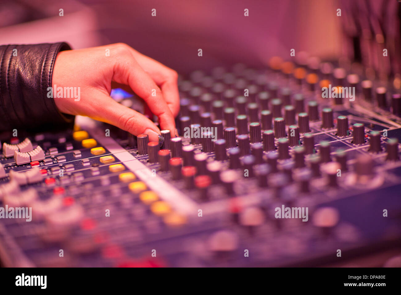 Close up of hand and mixing desk in recording studio Stock Photo Alamy
