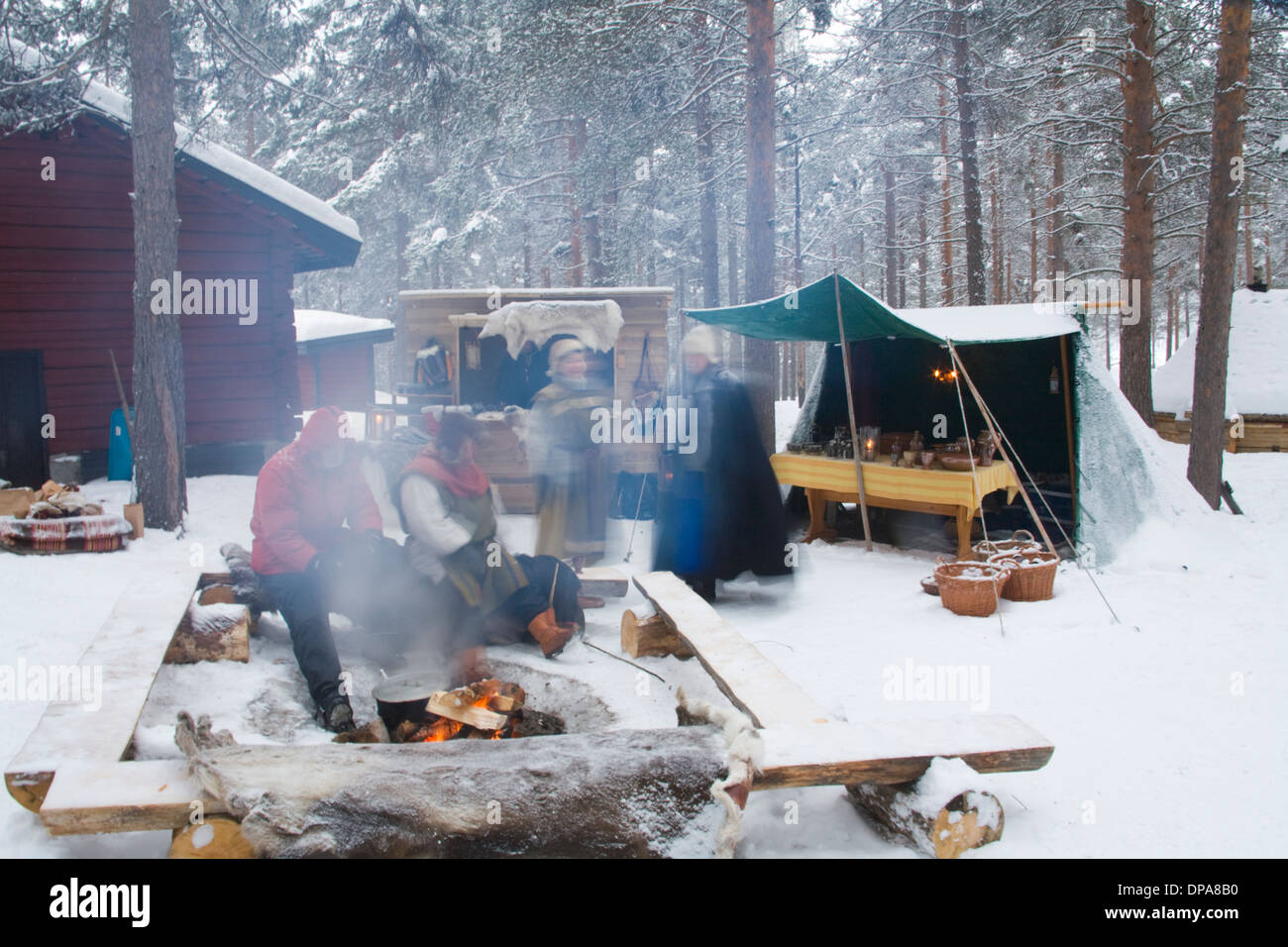 Outdoorlife Campfire Jokkmokk Historic Fair Laponia Sweden Winter Stock Photo