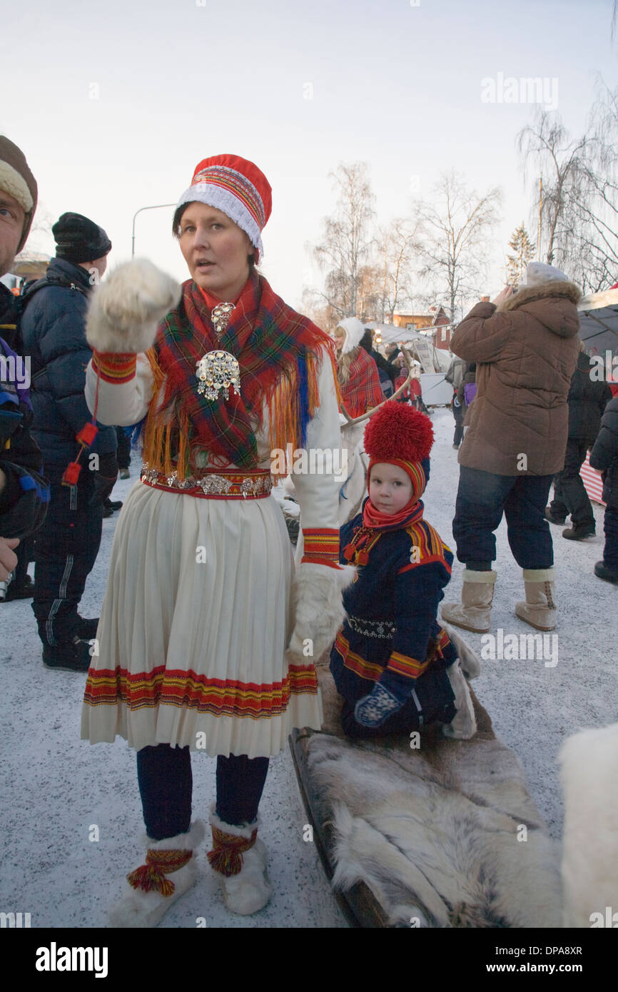 Same Laplander in Folk costume Traditional Dress at Jokkmokk fair Laponia Sweden Winter Stock Photo