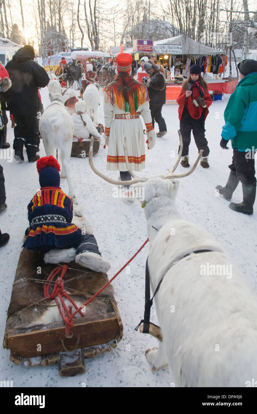 Traditional Reindeer caravan with Same Laplander  in Folk costume Jokkmokk fair Laponia Sweden Winter Stock Photo