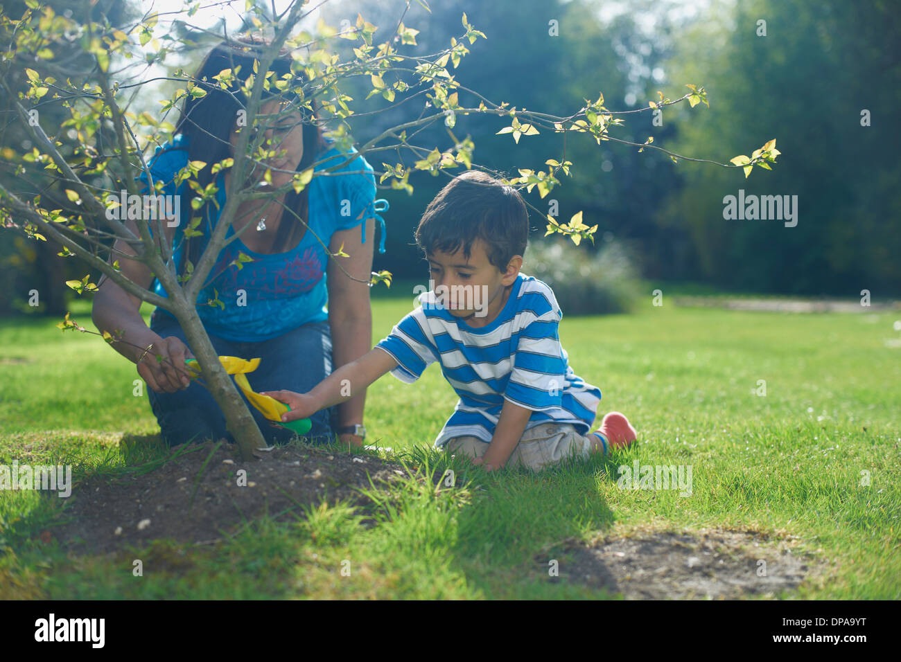 Mother and son planting tree in garden Stock Photo