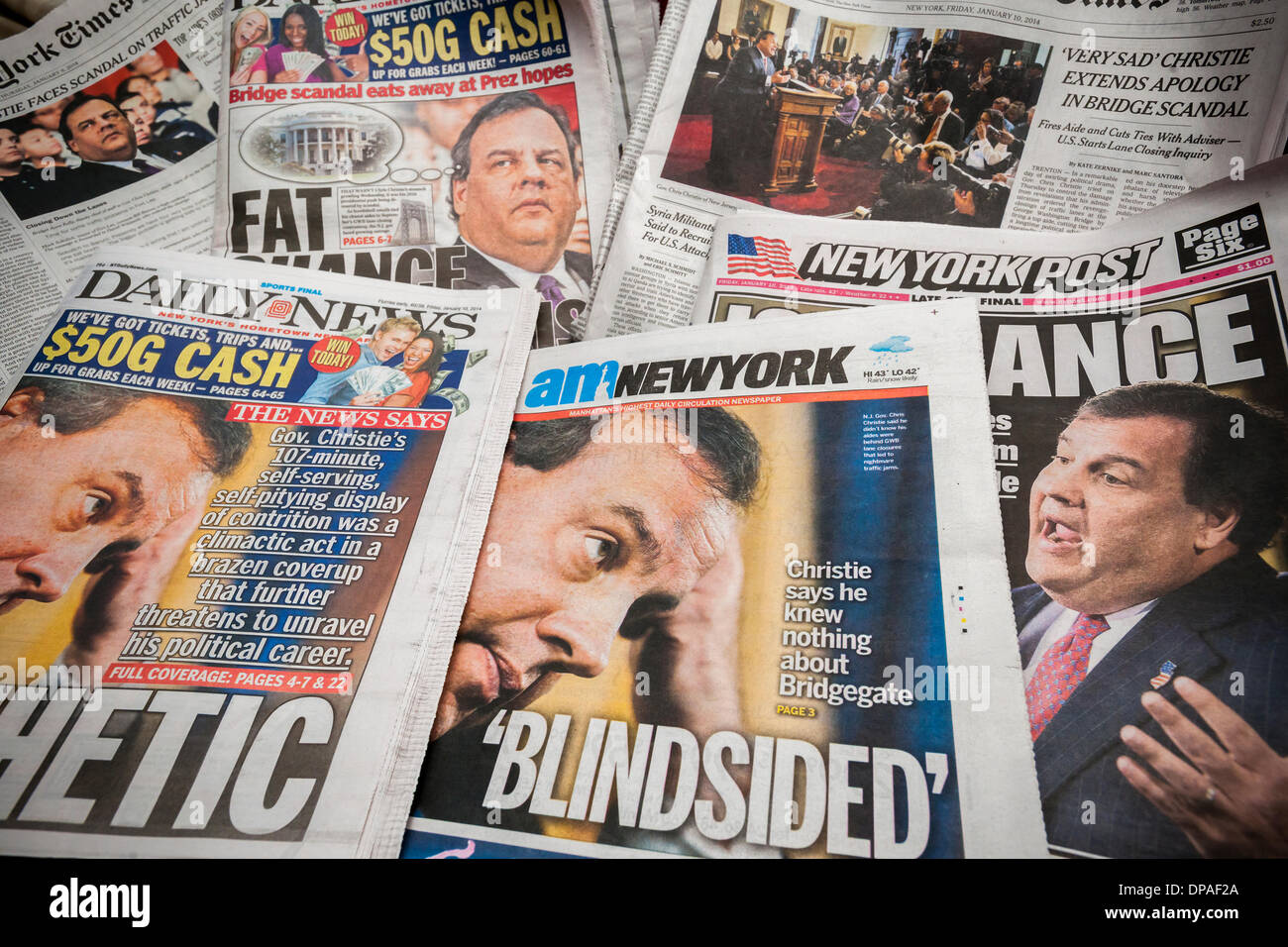 Several days New York newspaper covers seen on Friday, January 10, 2014 feature New Jersey Governor Chris Christie's news conference about his and his staff's involvement in the closing of lanes on the George Washington Bridge during rush hours in Sept. 2013 as punishment for Ft. Lee, NJ Mayor Mark Sokolich not supporting him. Christie had an almost 2-hour press conference defending himself and blaming his staff for the alleged retribution. Credit:  Richard Levine/Alamy Live News Stock Photo