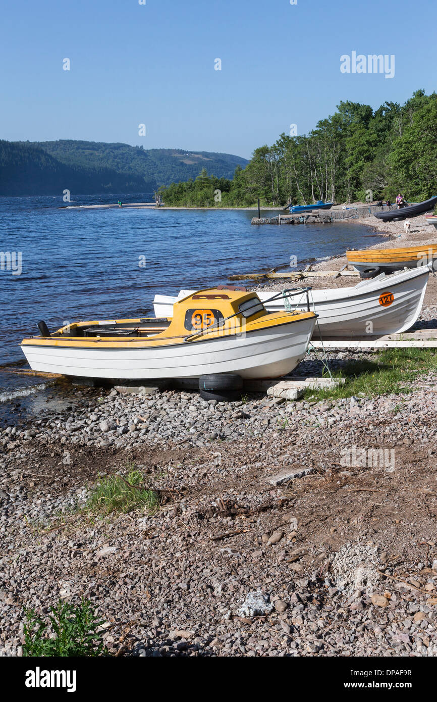 Boats on Loch Ness shore at Foyers in Inverness-shire , Scotland. Stock Photo