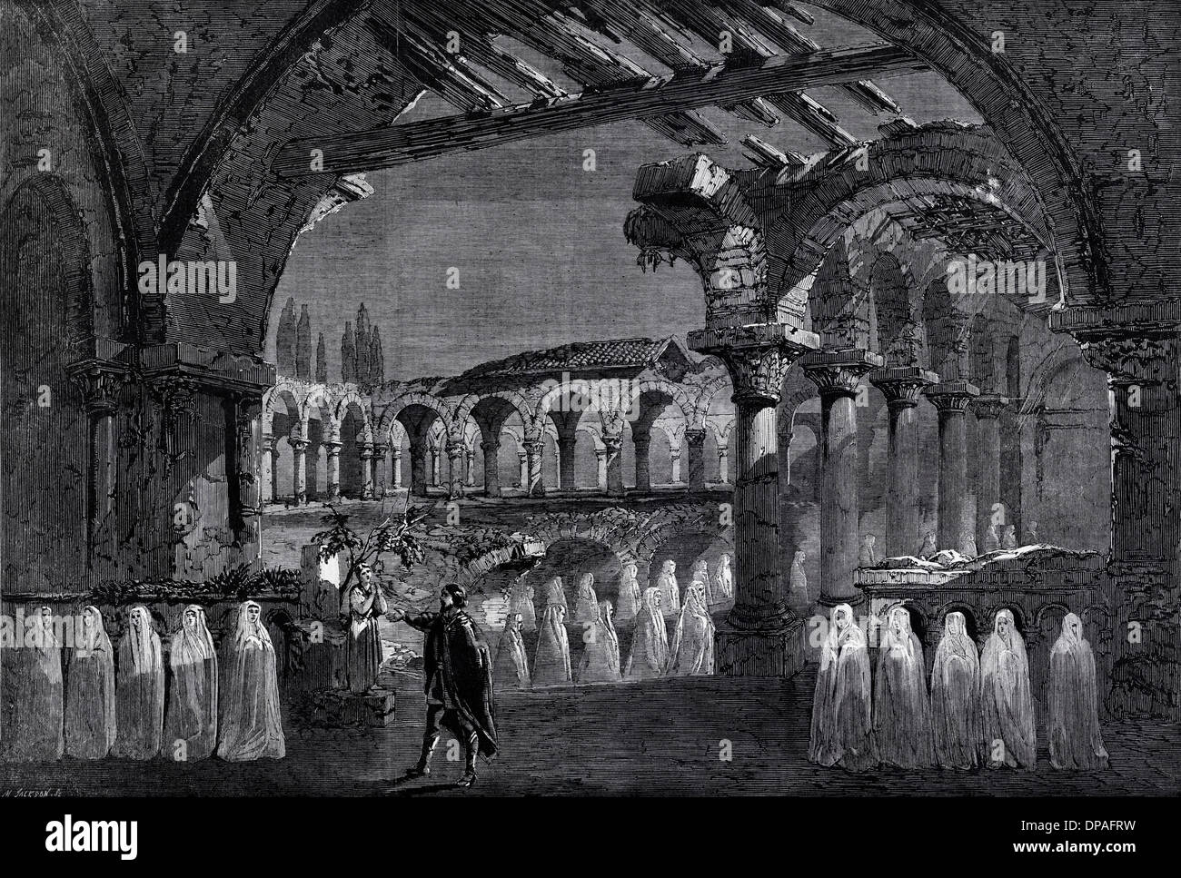 The Nun scene in Act III of ROBERT LE DIABLE opera by Giacomo Meyerbeer at Her Majesty's Theatre London England UK. Victorian woodcut engraving circa 1862 Stock Photo