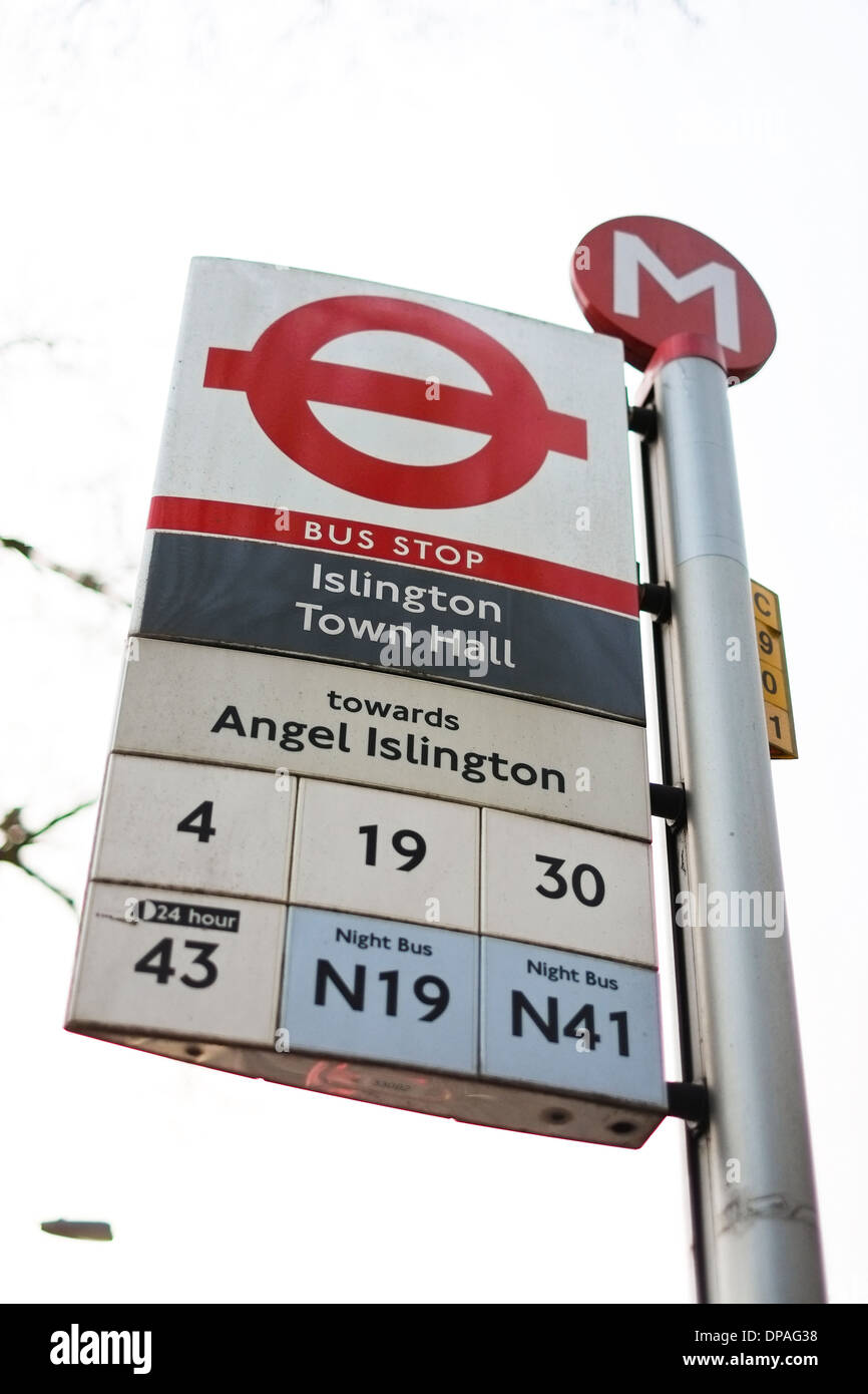 Upper Street Bus stop sign, Islington, North London, UK Stock Photo