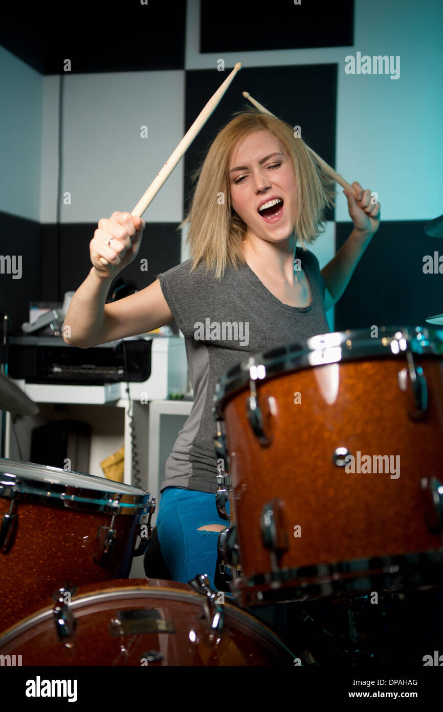 Female drummer performing Stock Photo Alamy