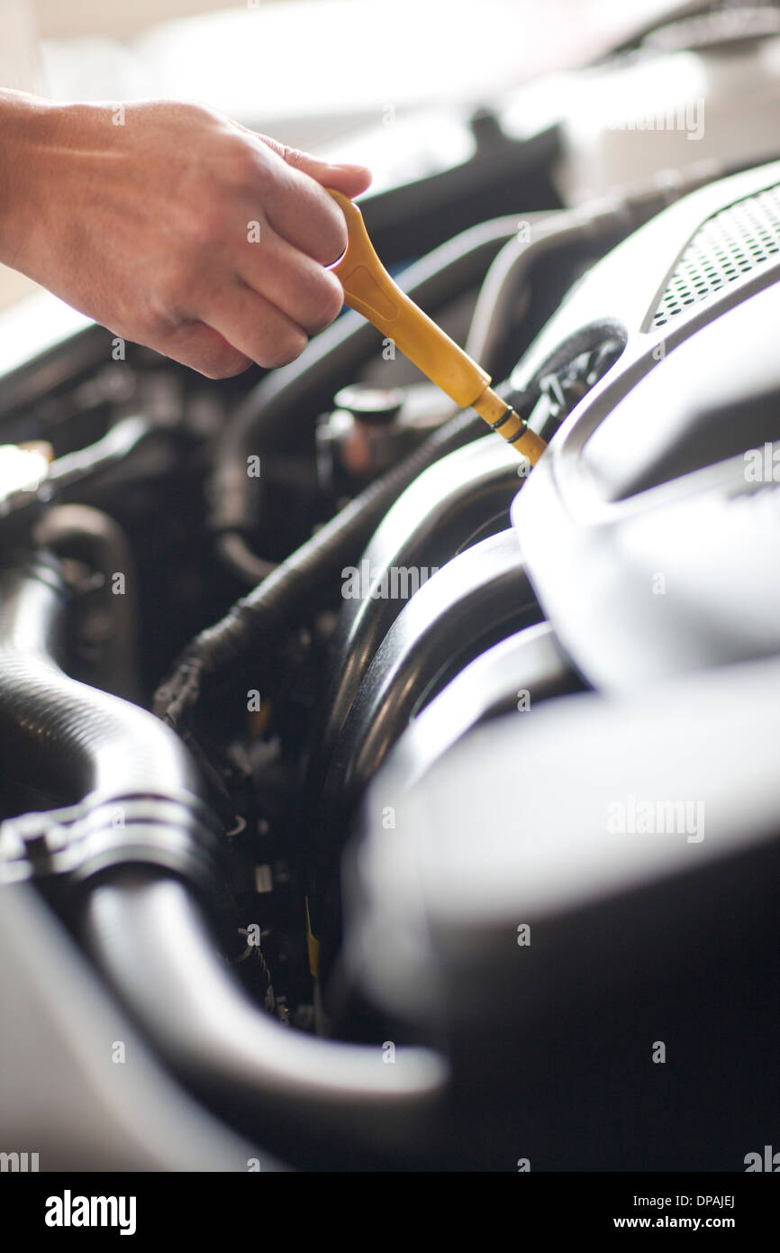 Mechanic checking oil dipstick on car engine Stock Photo Alamy