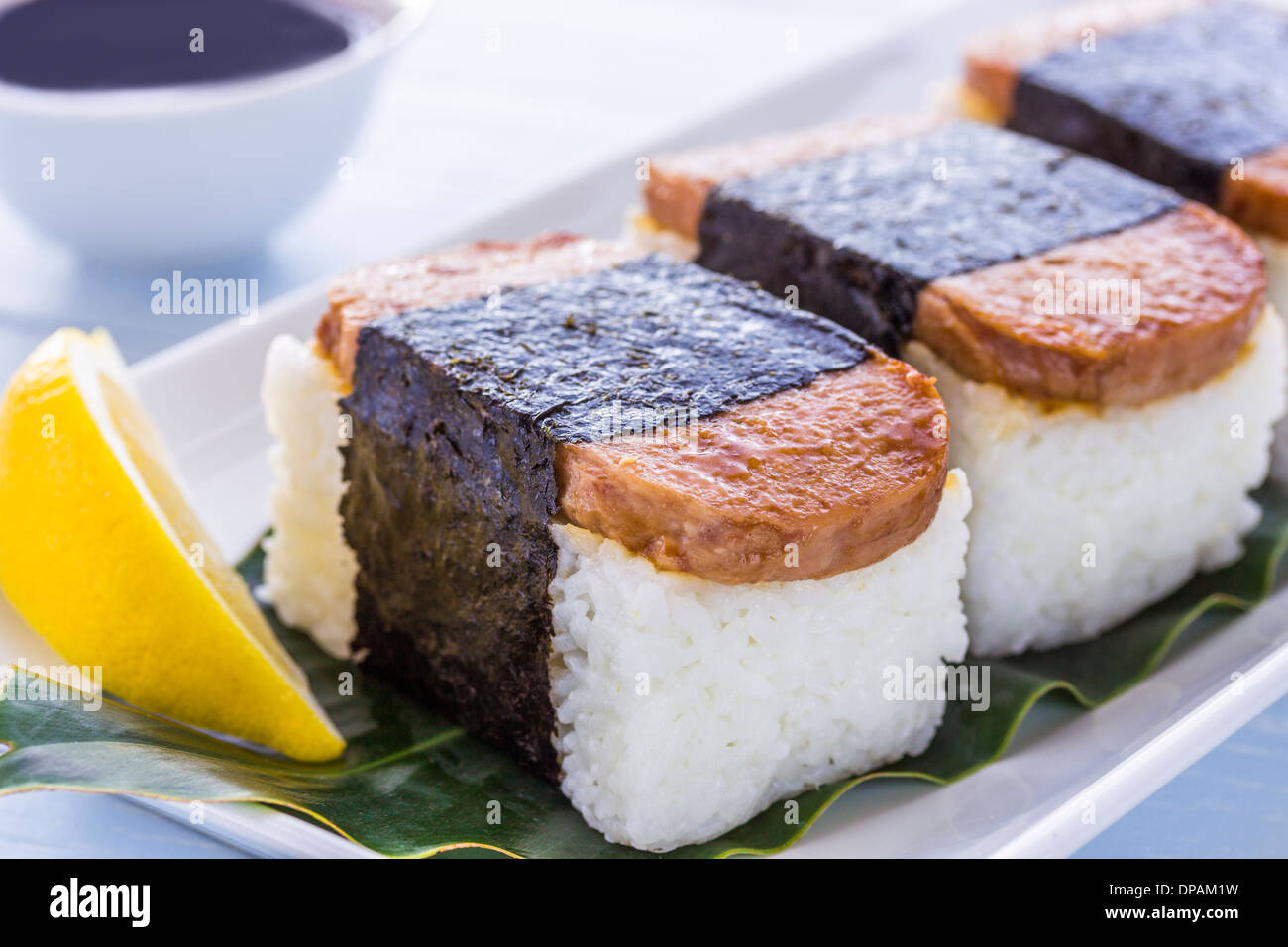 Spam musubi , a common Hawaiian food of spam, rice and nori (seaweed