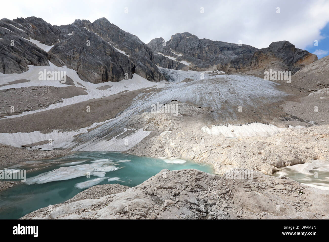 Monte Antelao, view of upper glacier and proglacial lake. Alpine landscape with glaciological aspects. The Dolomites of Cadore. Veneto. Italian Alps. Stock Photo