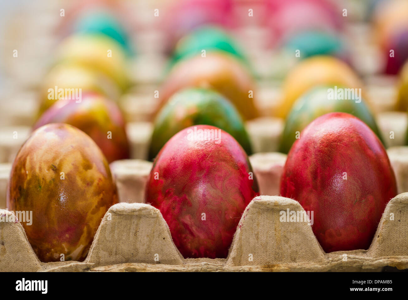 Easter eggs in various colors placed in row. Stock Photo