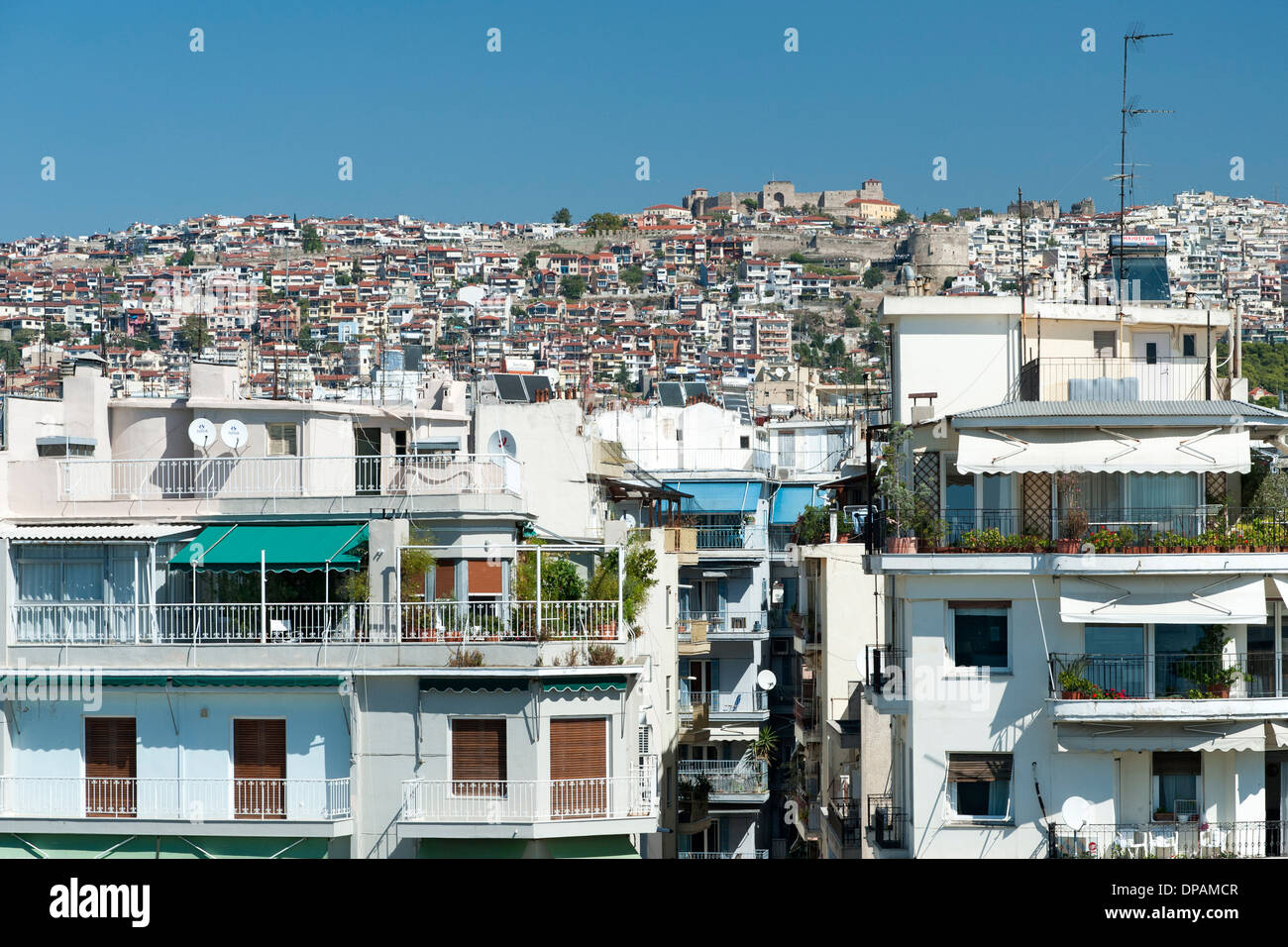 View looking north from the White Tower (Lefkos Pyrgos) of the houses and buildings in Thessaloniki, Greece. Stock Photo