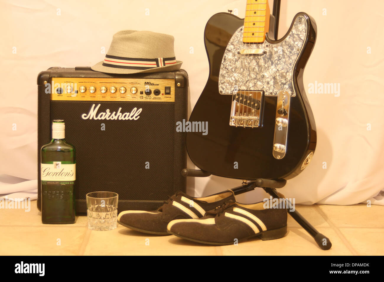 Mods guitar,practice amp and other accessories. Stock Photo
